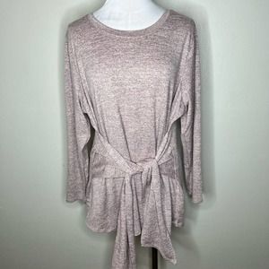 Studio by D&Co Sweater 1X Petite Heathered Pink Tie Front Long Sleeve Pullover
